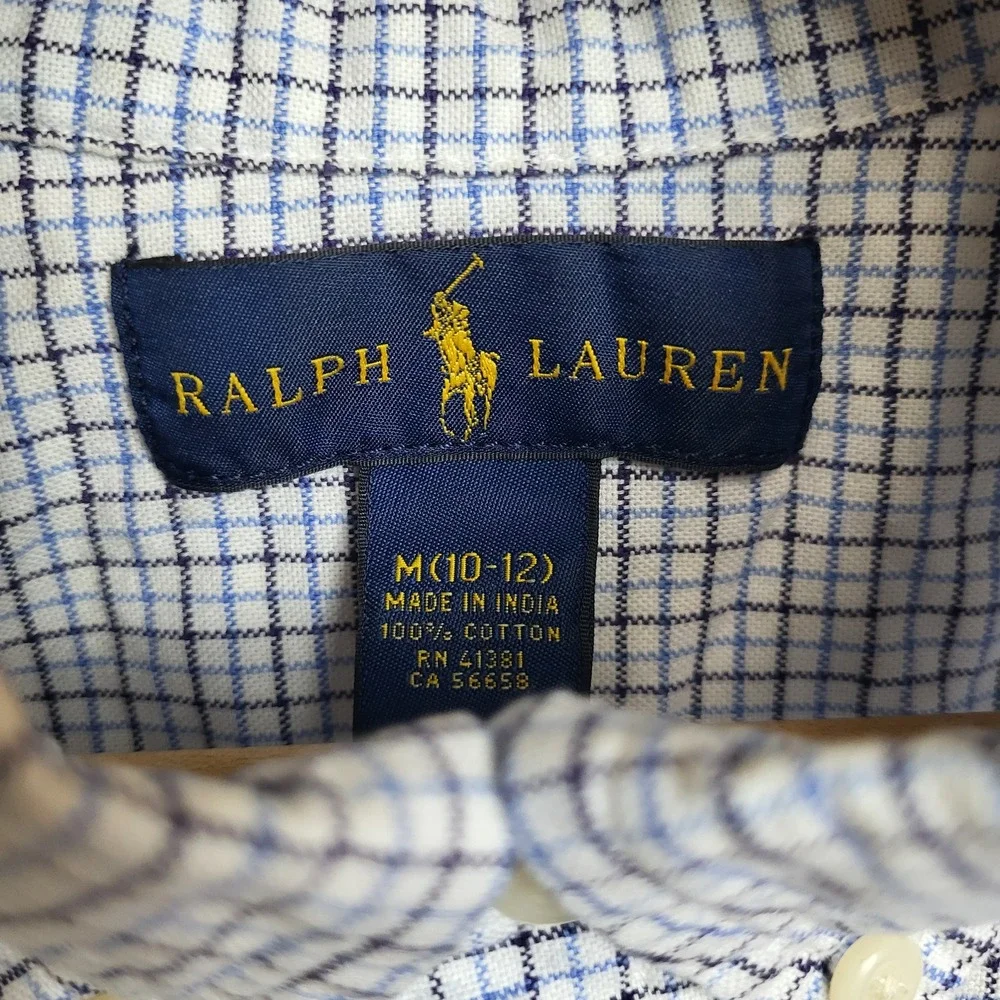 Ralph Lauren Kids Medium 10 12 Button‎ Down Shirt Blue Plaid Long Sleeve Flesh